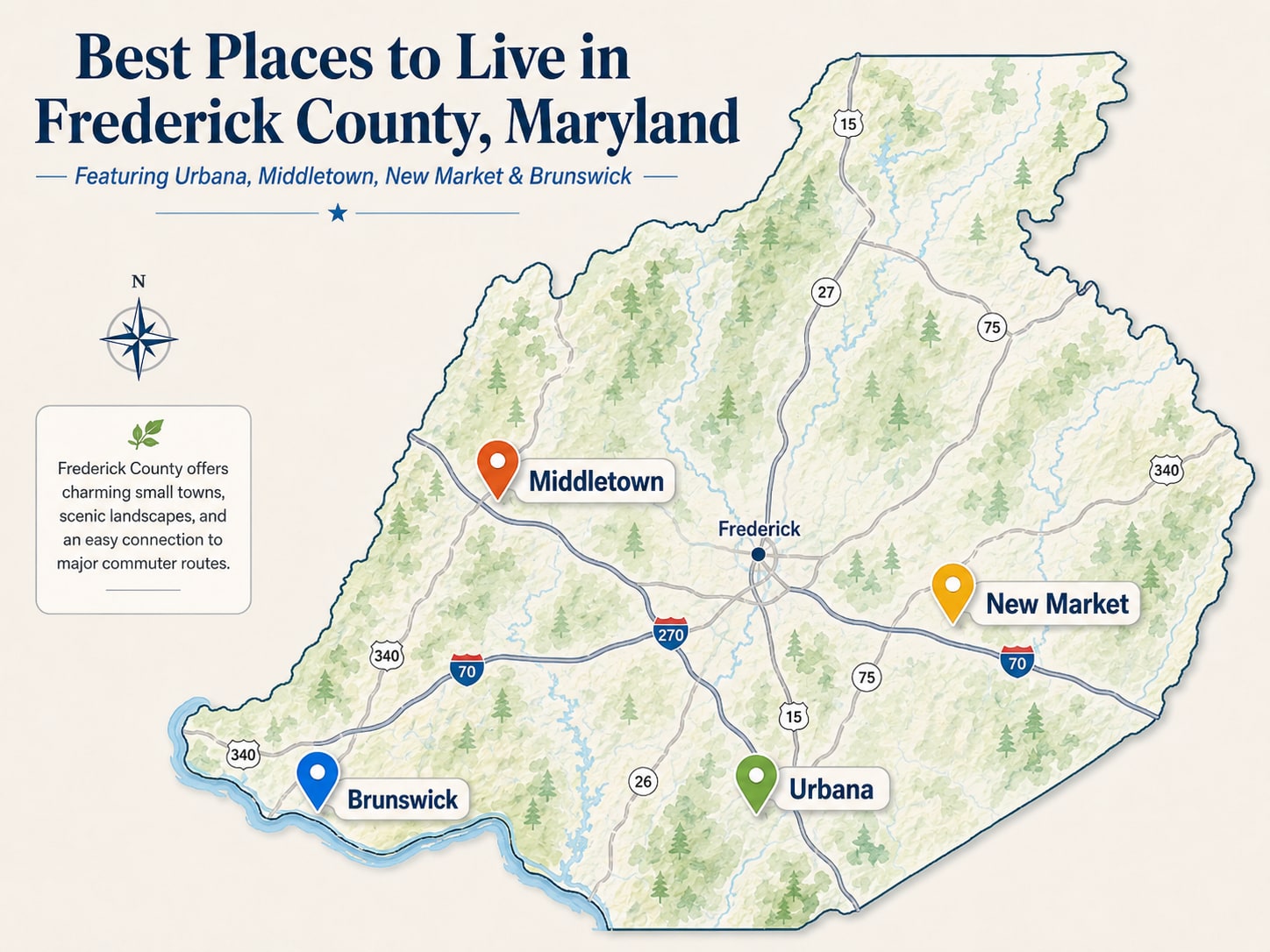 Map of the best places to live in Frederick County, Maryland: Urbana, Middletown, New Market, and Brunswick