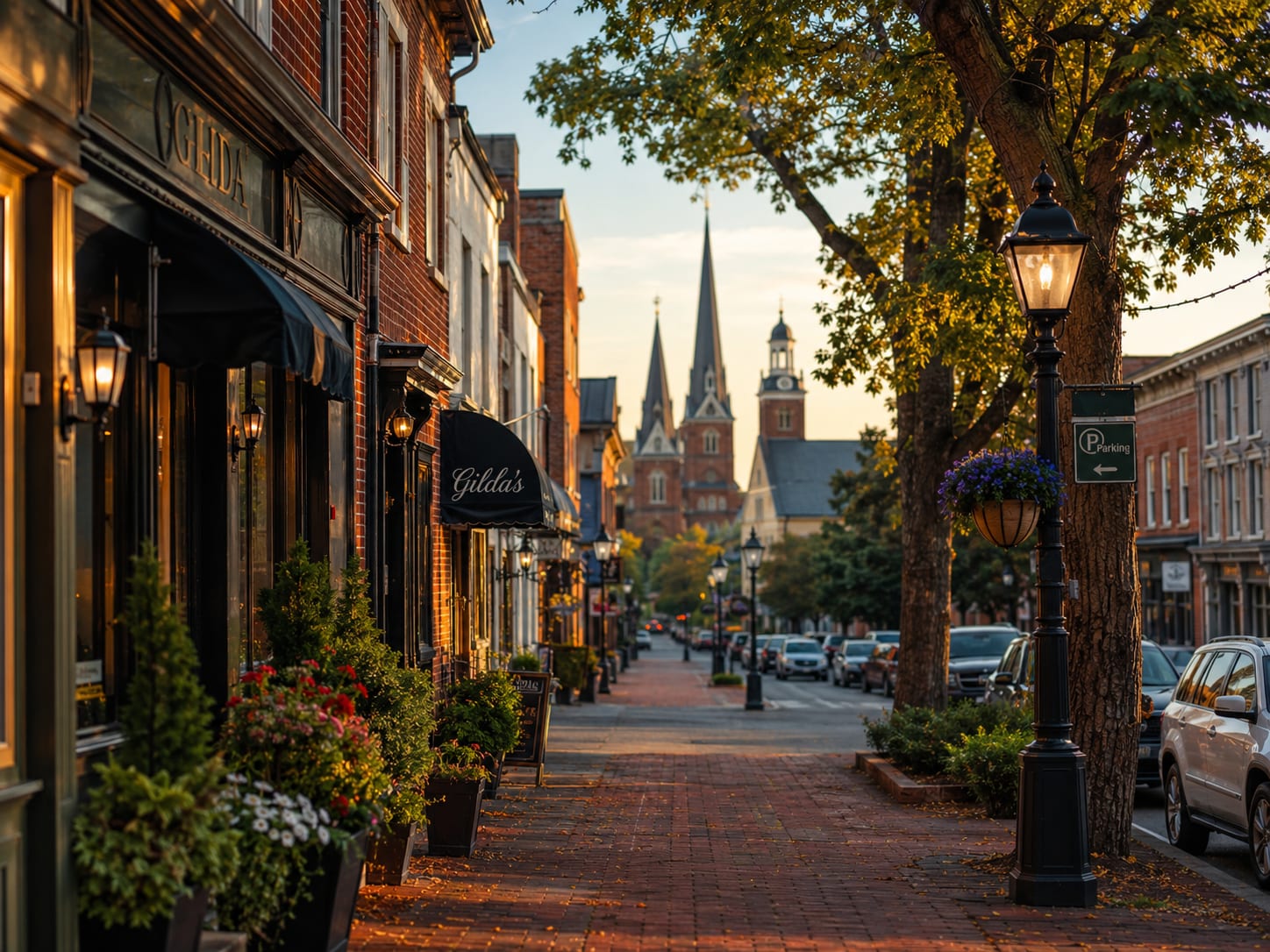 Golden-hour light on historic Downtown Frederick, Maryland, with brick sidewalks, storefronts, and church spires