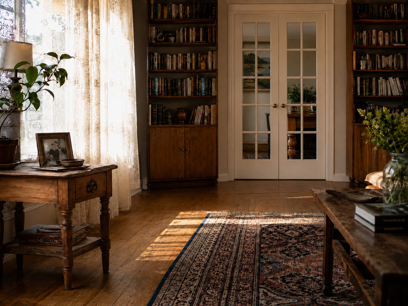 A warm, lived-in family home with afternoon light, full bookshelves, and cherished details